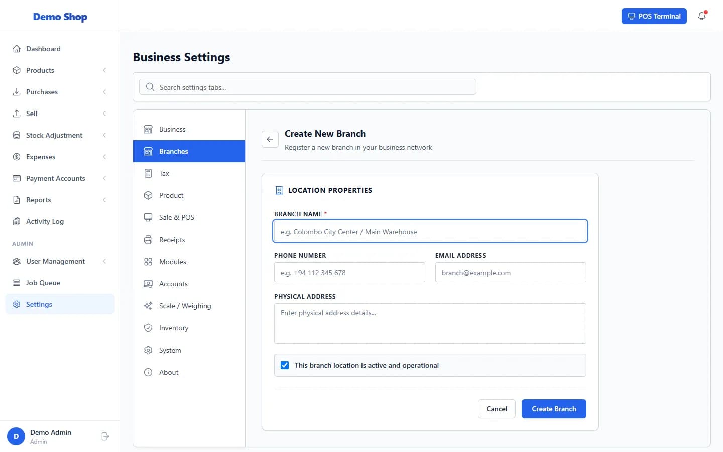 ANOWEX ERP Settings, Branches tab, with the Create New Branch form open