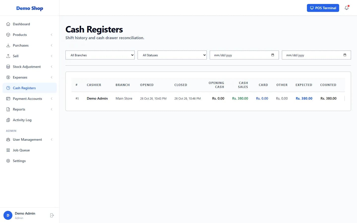 ANOWEX ERP Cash Registers list showing a closed shift with opening cash, cash sales, expected and counted cash