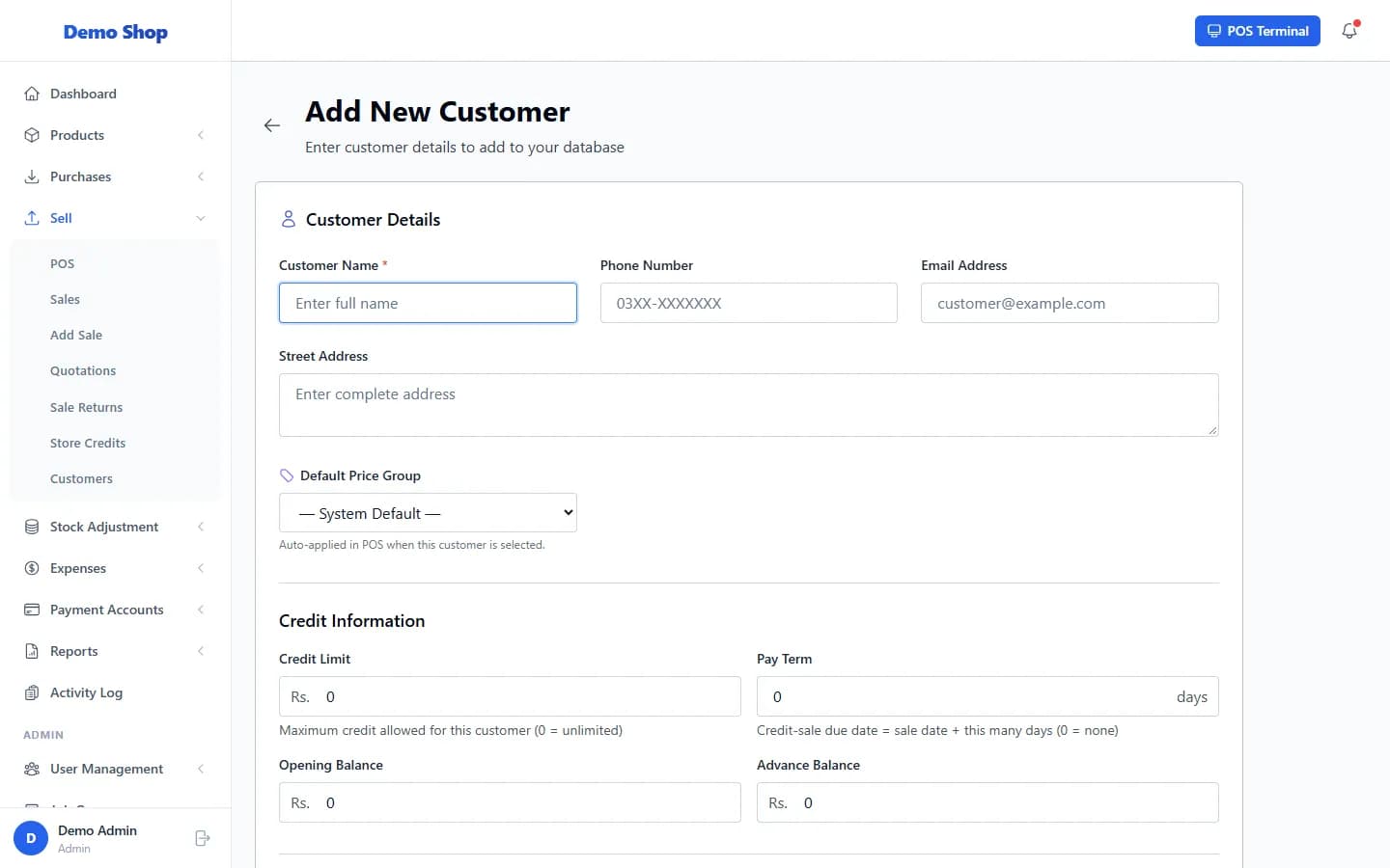 ANOWEX ERP Add New Customer form with credit information