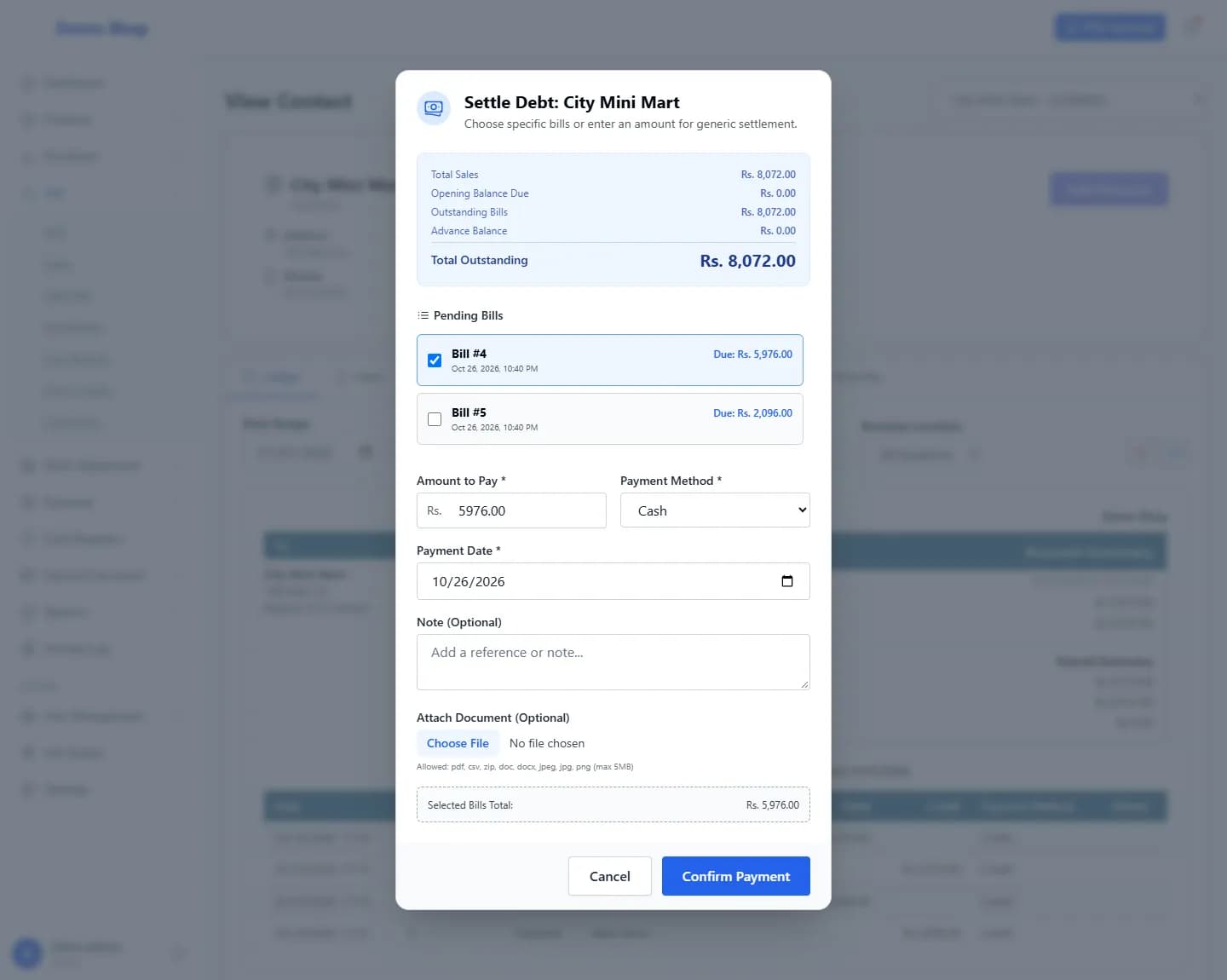 ANOWEX ERP Settle Debt window with pending bills, amount, payment method and date
