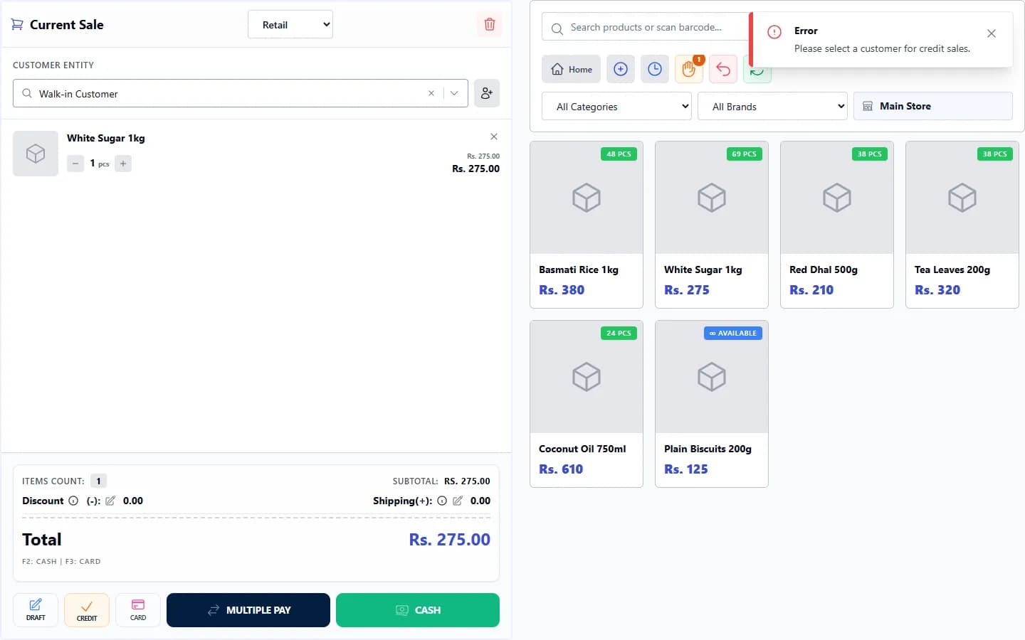 ANOWEX ERP POS message asking to select a customer for credit sales