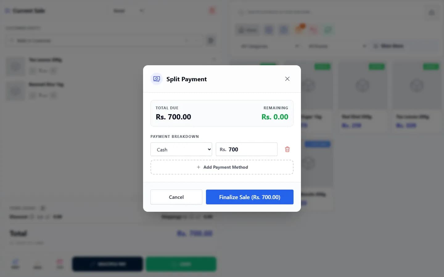 ANOWEX ERP Split Payment window showing total due, remaining amount and a payment breakdown