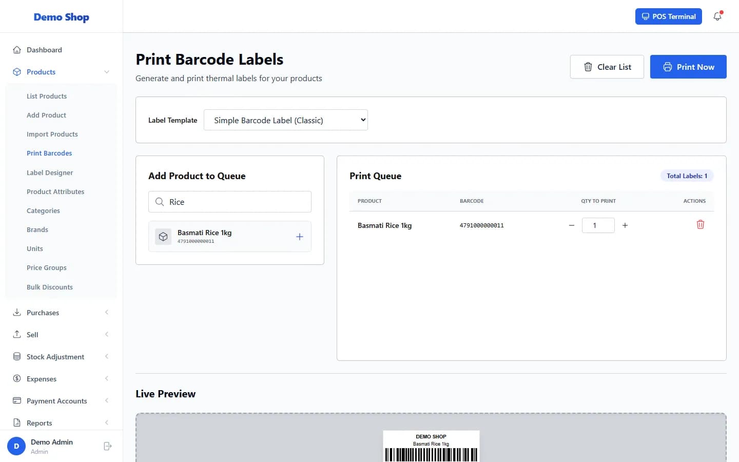 ANOWEX ERP Print Barcode Labels page with a product in the print queue and a live preview