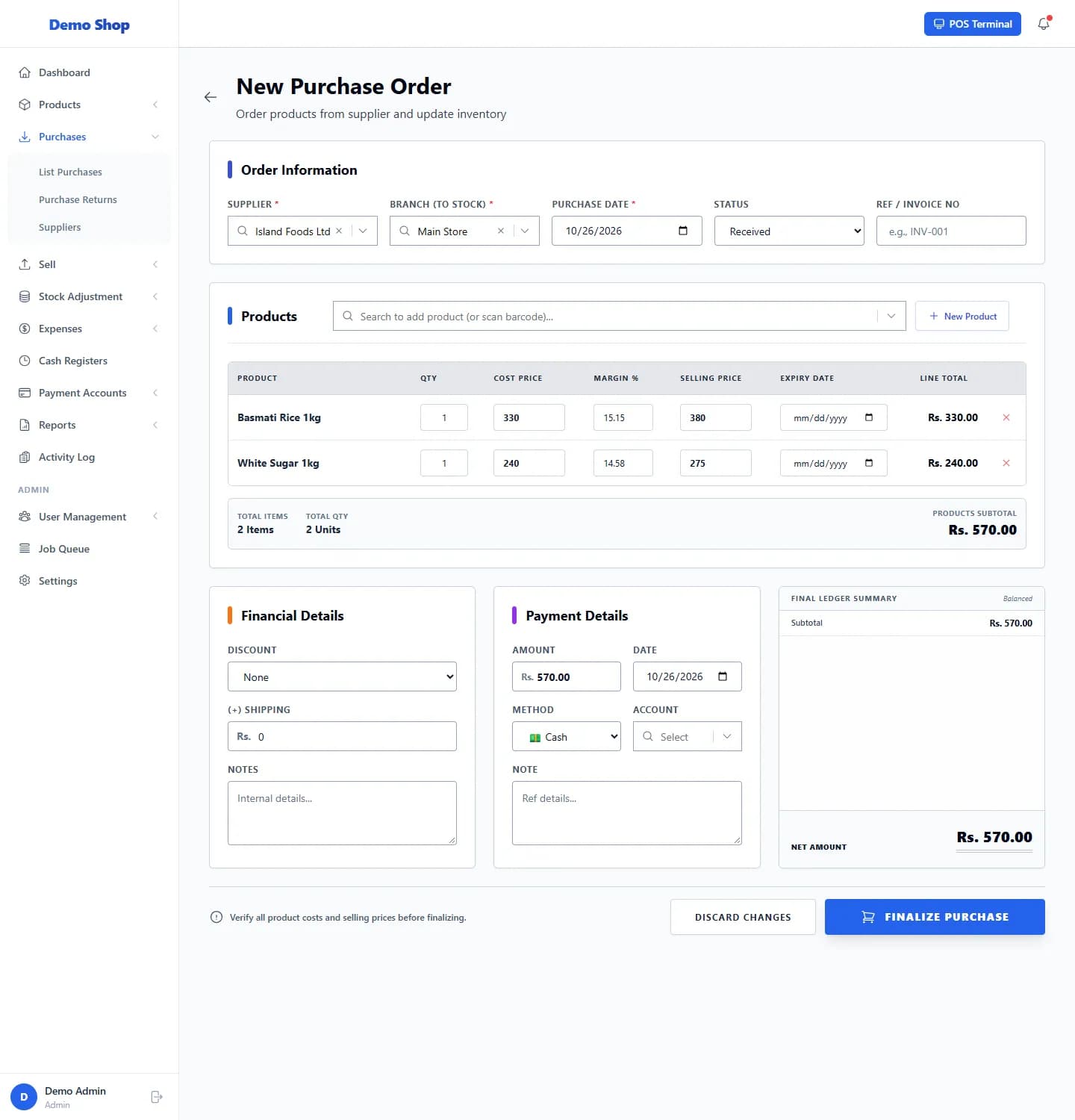ANOWEX ERP New Purchase Order form with a supplier, two product lines, payment details and the Finalize Purchase button