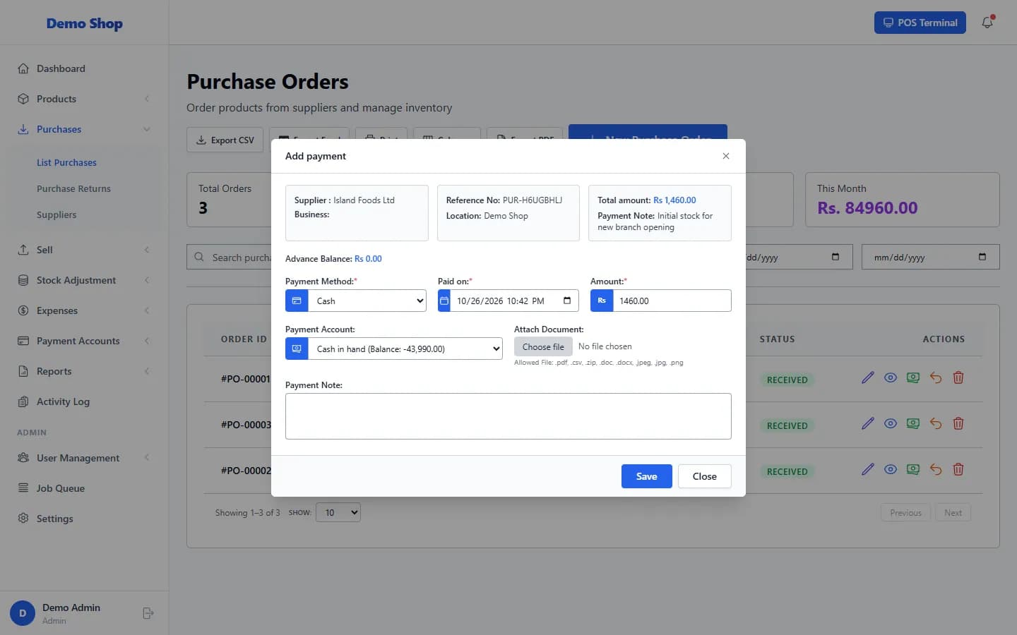ANOWEX ERP Add payment window on the Purchase Orders list
