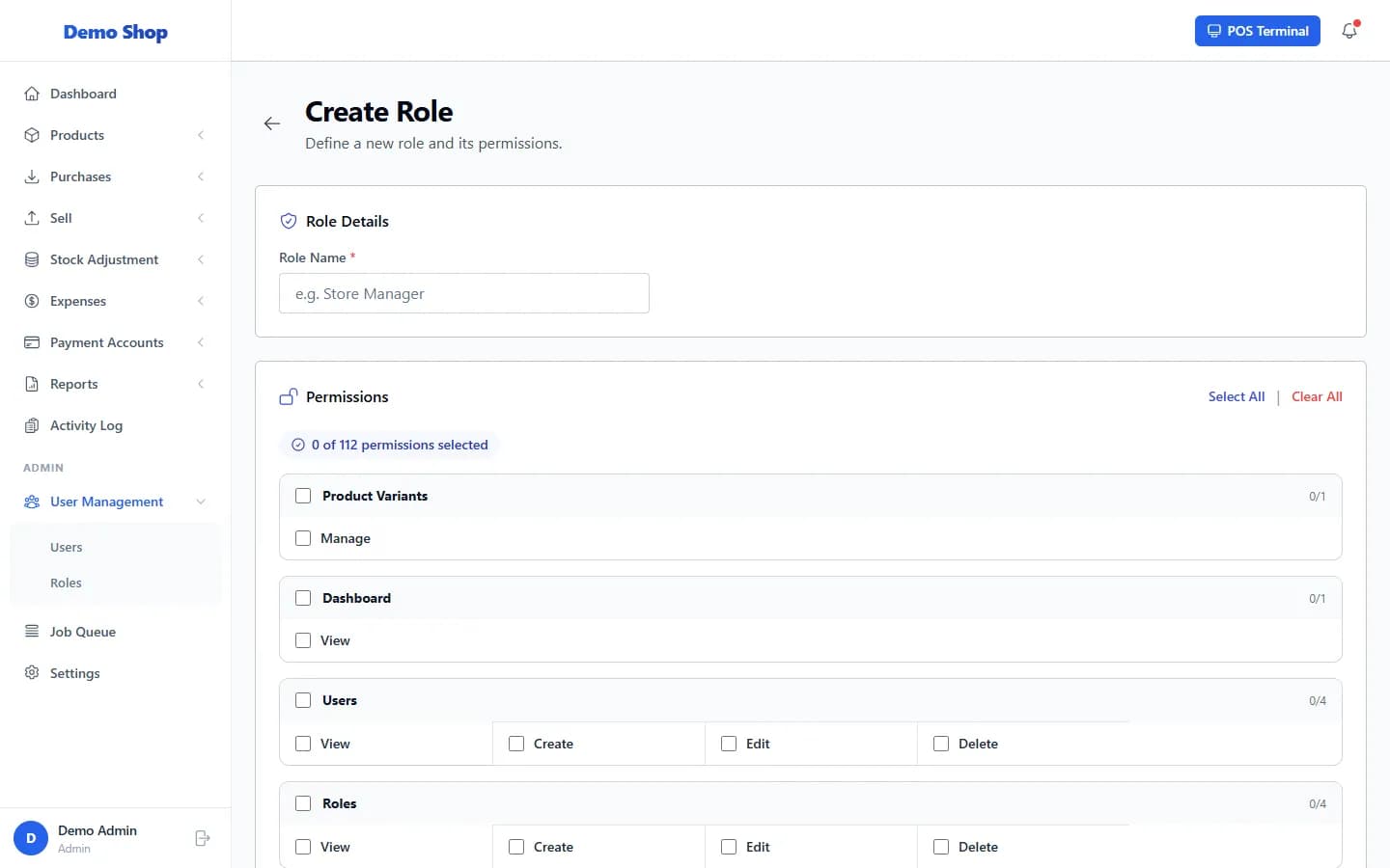 ANOWEX ERP Create Role page with role name and permission checkboxes