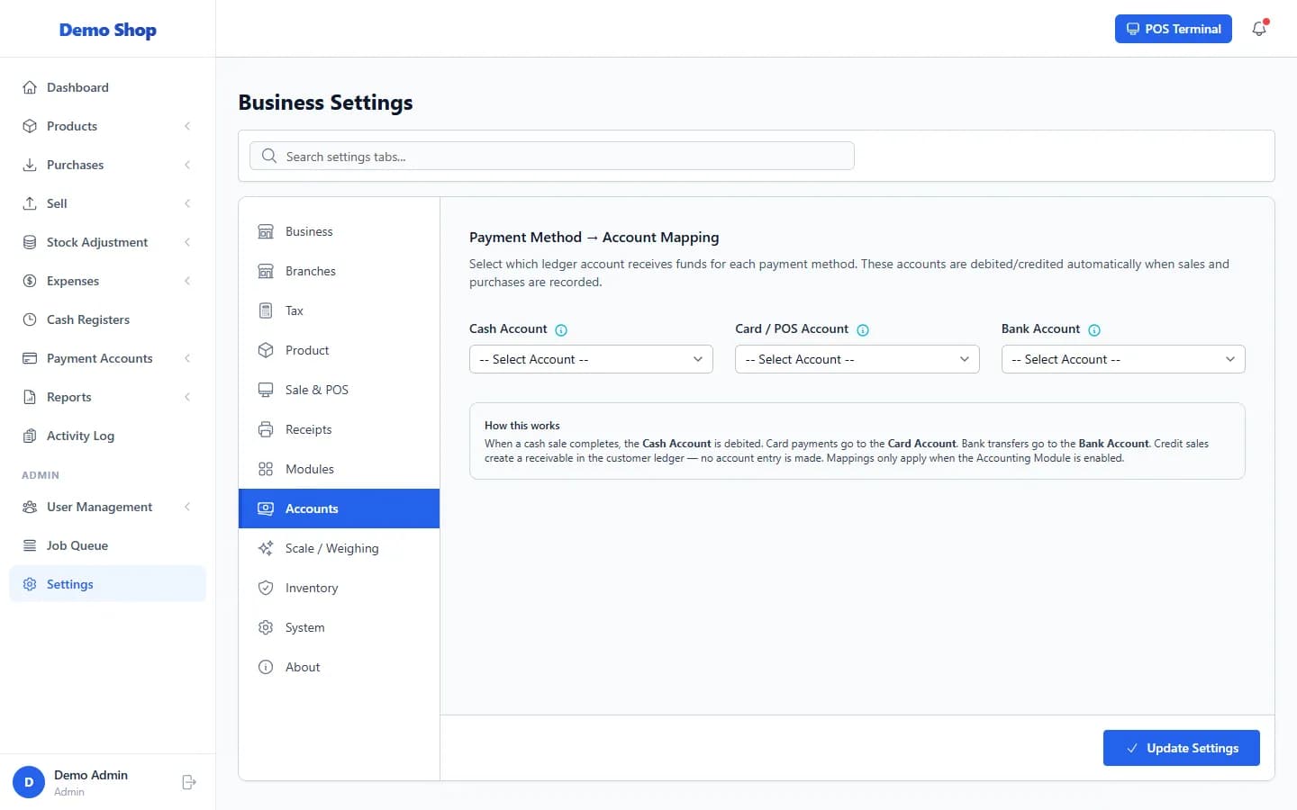 ANOWEX ERP Settings, Accounts tab with cash, card and bank account selectors