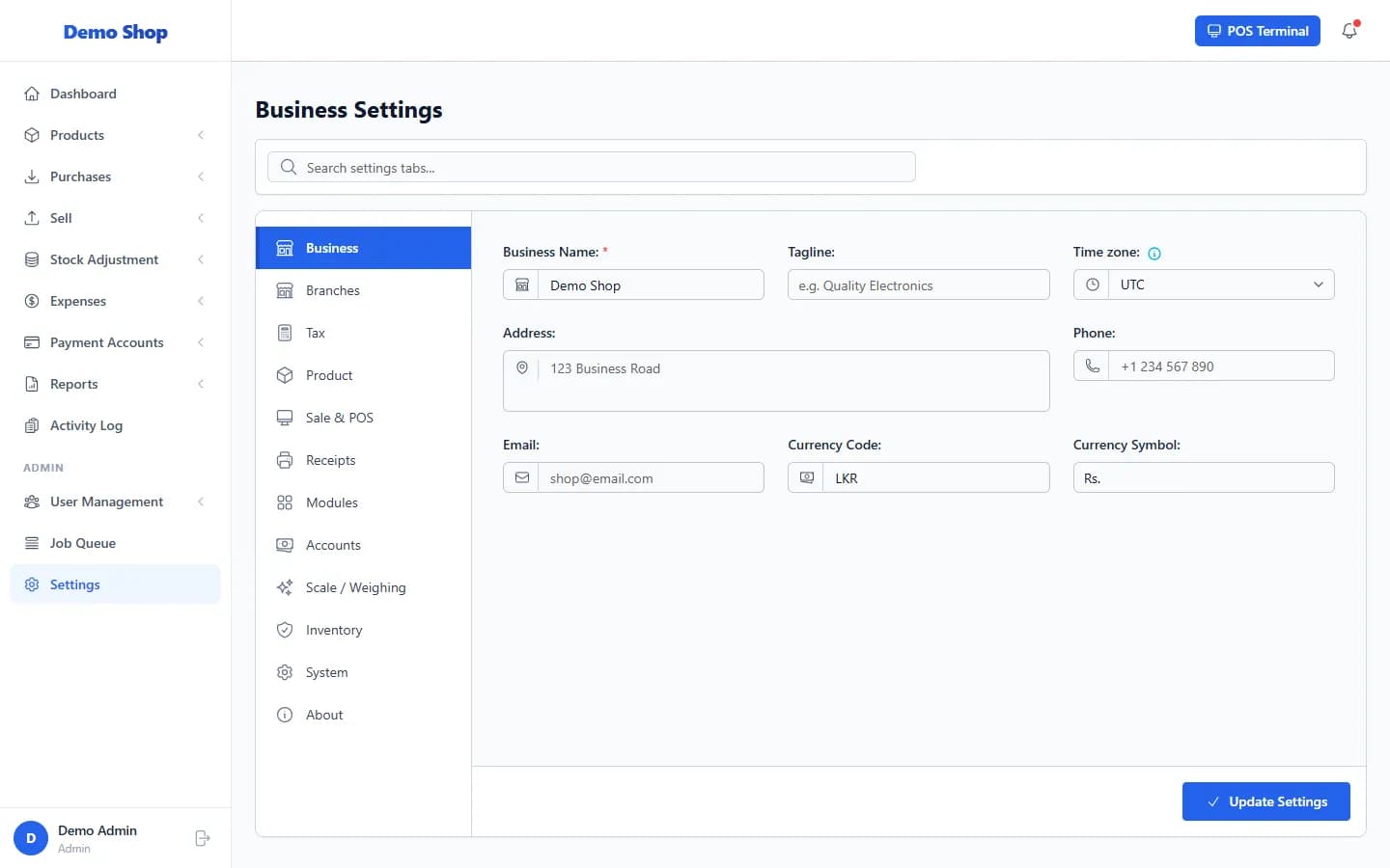 ANOWEX ERP Settings, Business tab