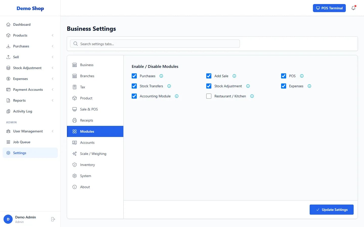 ANOWEX ERP Settings, Modules tab with on/off switches