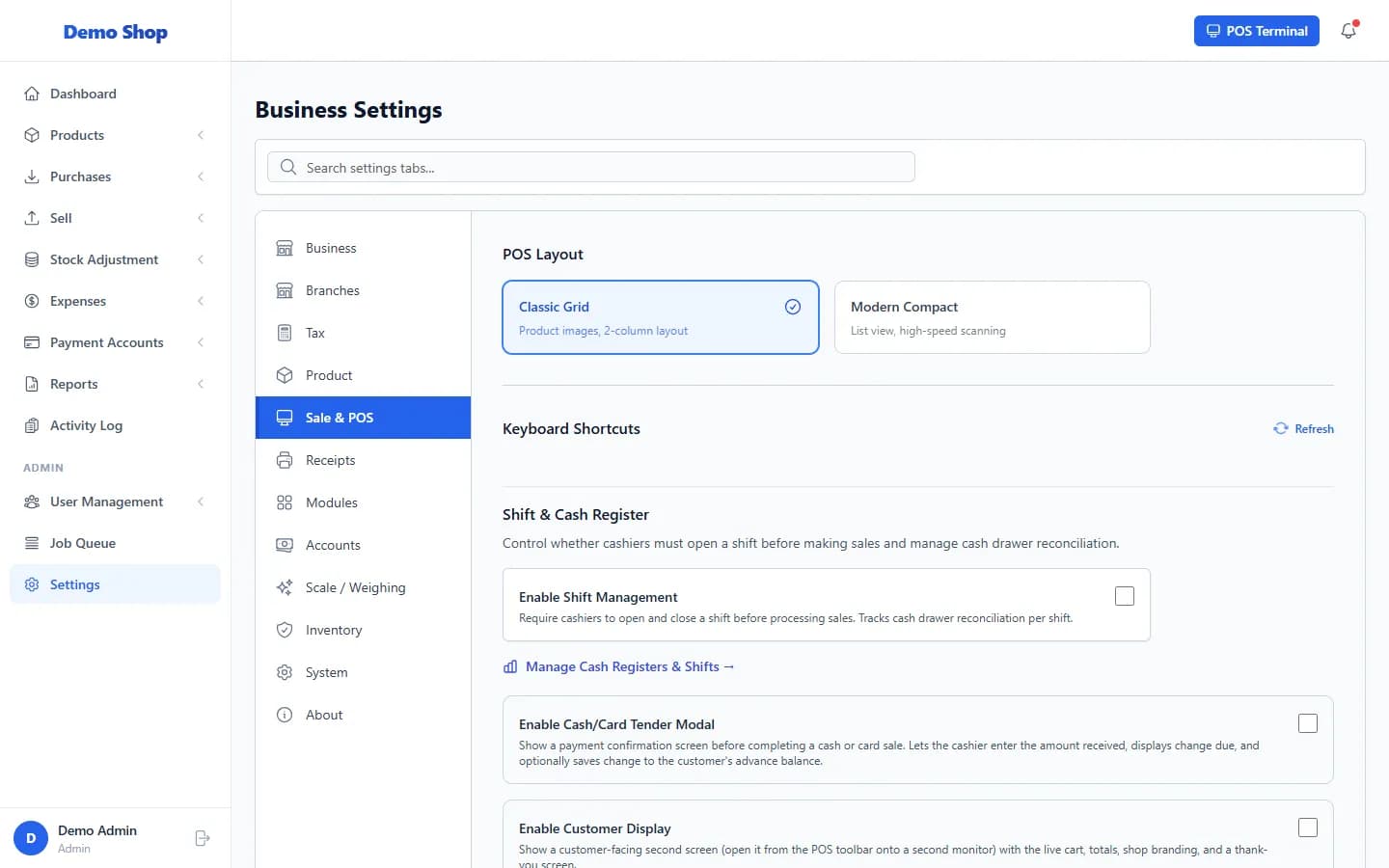 ANOWEX ERP Settings, Sale and POS tab with layout, shortcuts and shift options