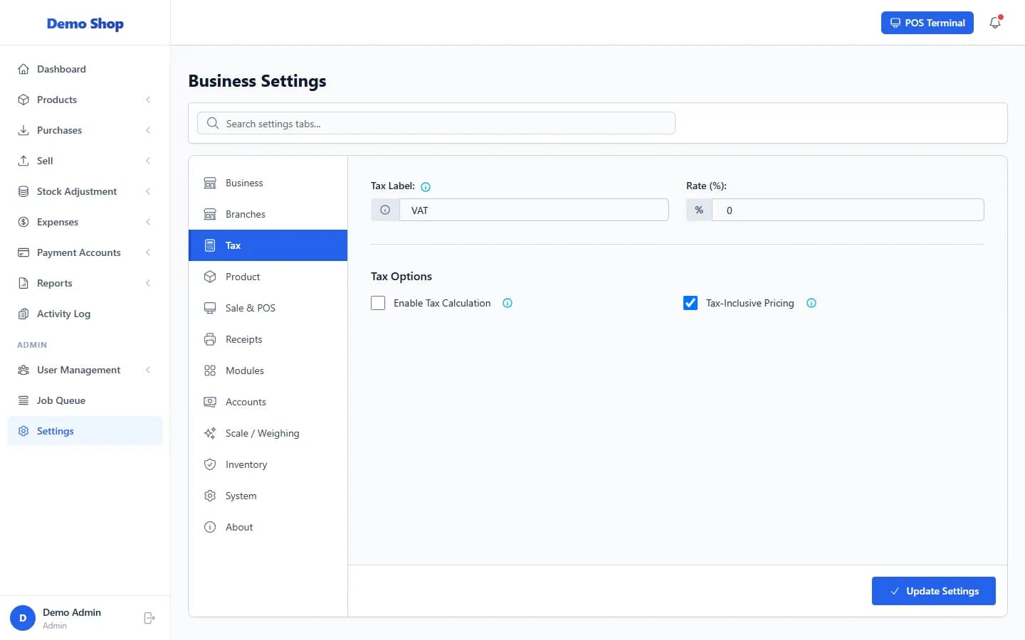 ANOWEX ERP Settings, Tax tab with enable, label, rate and tax-inclusive options