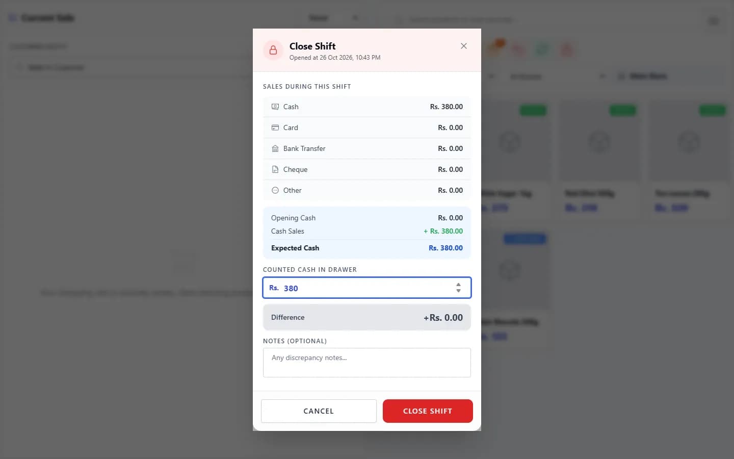 ANOWEX ERP Close Shift window with sales by payment method, expected cash and counted cash