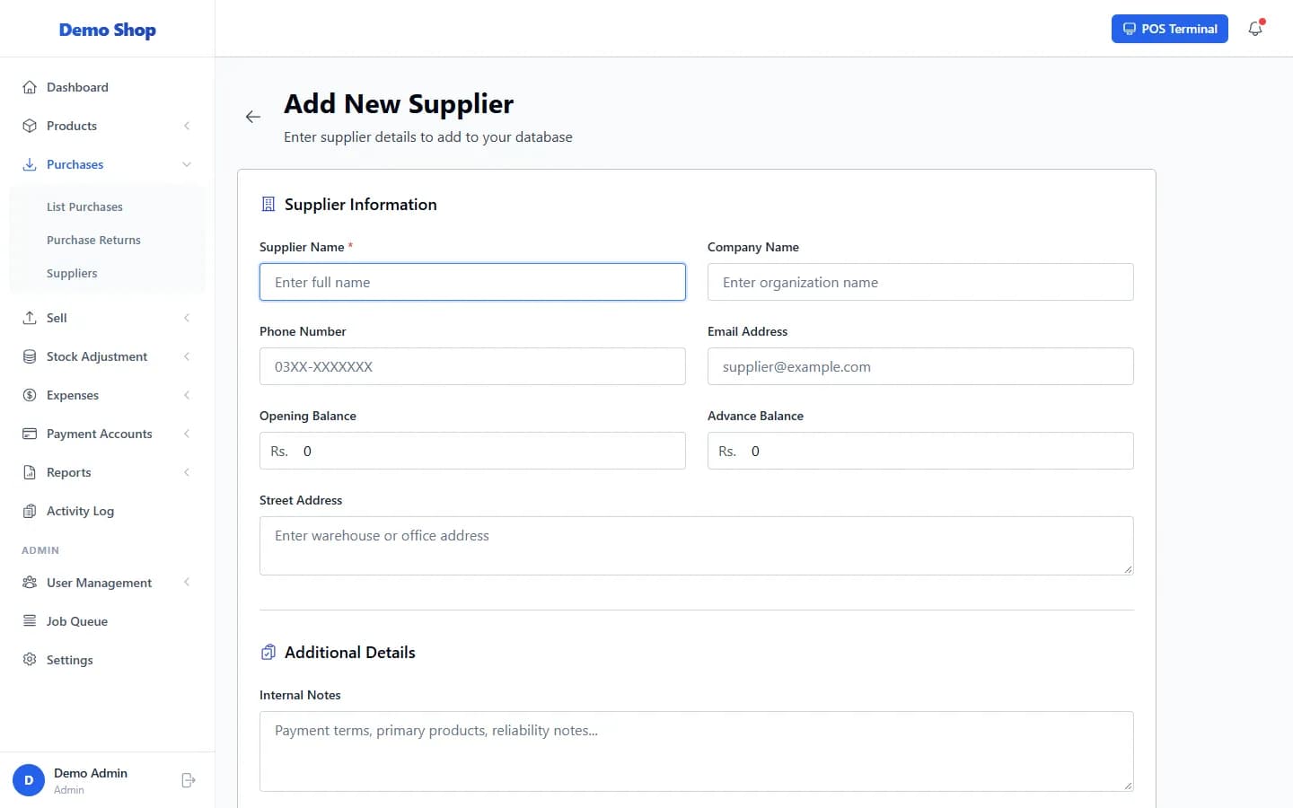 ANOWEX ERP Add New Supplier form