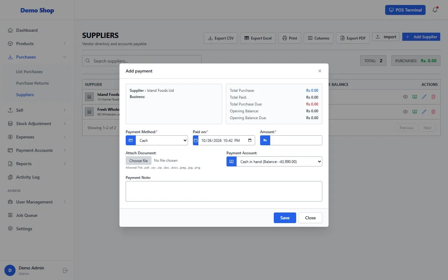 ANOWEX ERP Record Payment to Supplier window