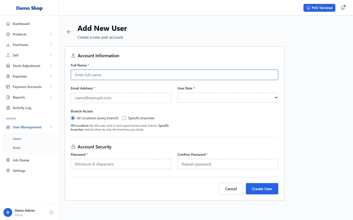 ANOWEX ERP Add New User form with role, branch access and password