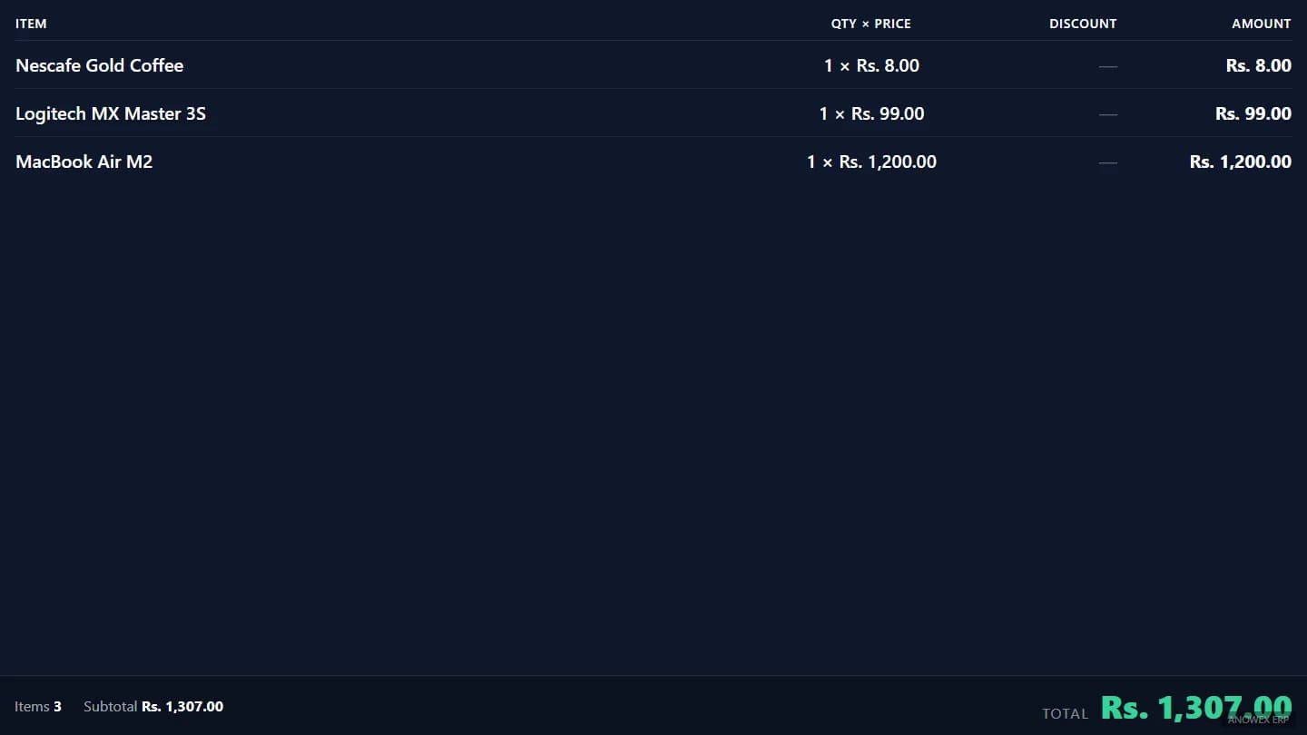 Screenshot of the ANOWEX ERP customer-facing display listing three items with quantities, prices and a large total