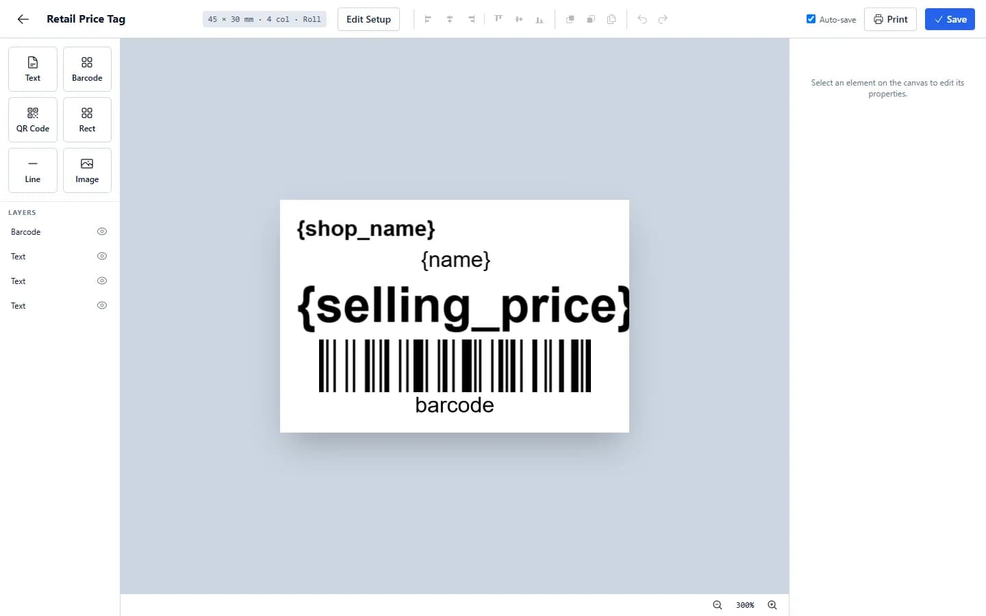 Screenshot of the ANOWEX ERP label designer with the Retail Price Tag preset on the canvas