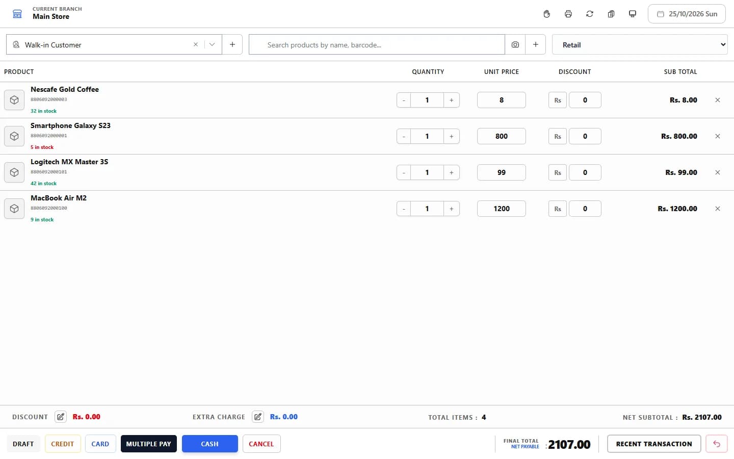 Screenshot of the ANOWEX ERP point of sale in the Modern Compact list layout with four items scanned