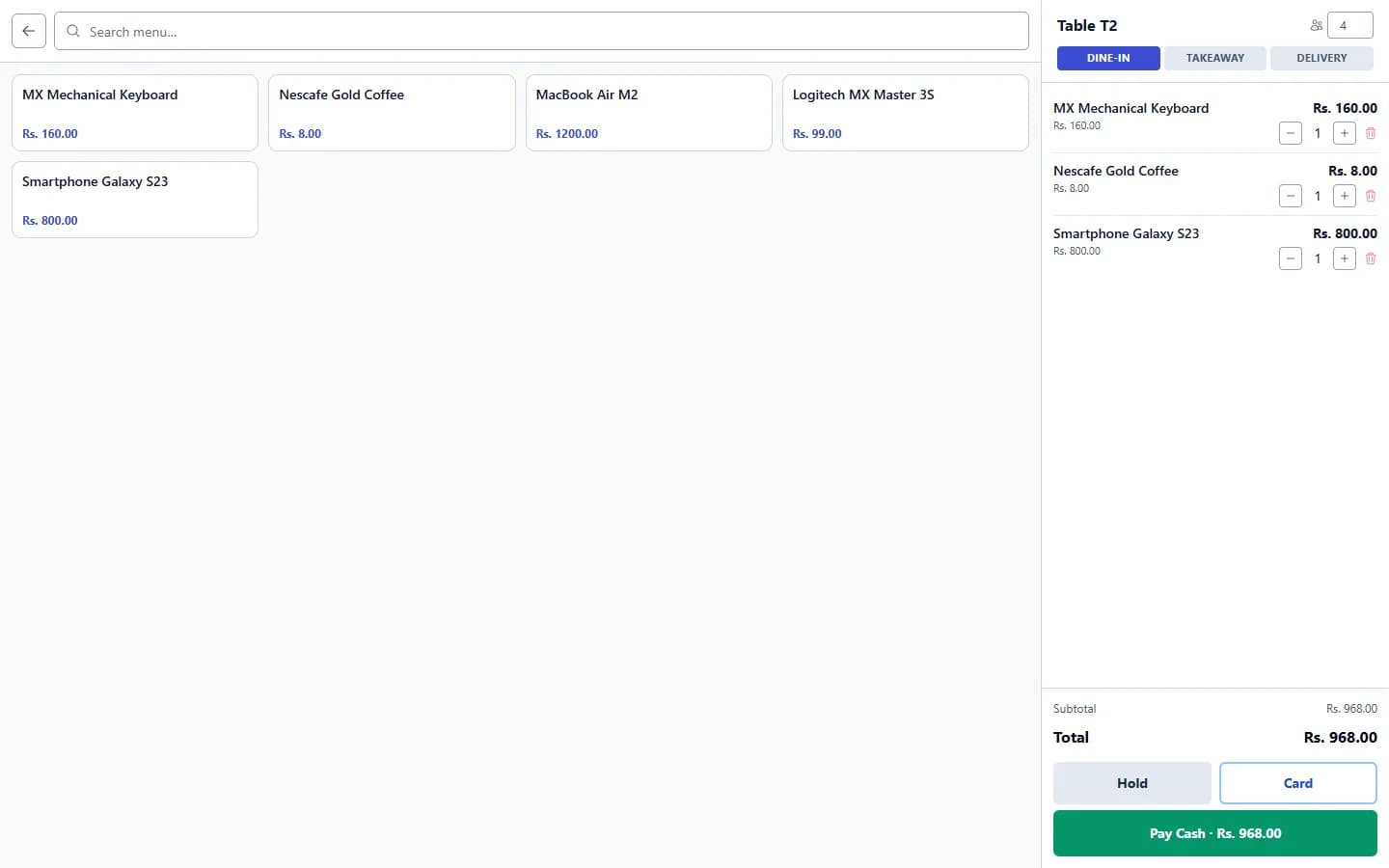 Screenshot of the ANOWEX ERP restaurant order screen for table T2 with dine-in, takeaway and delivery options and three items