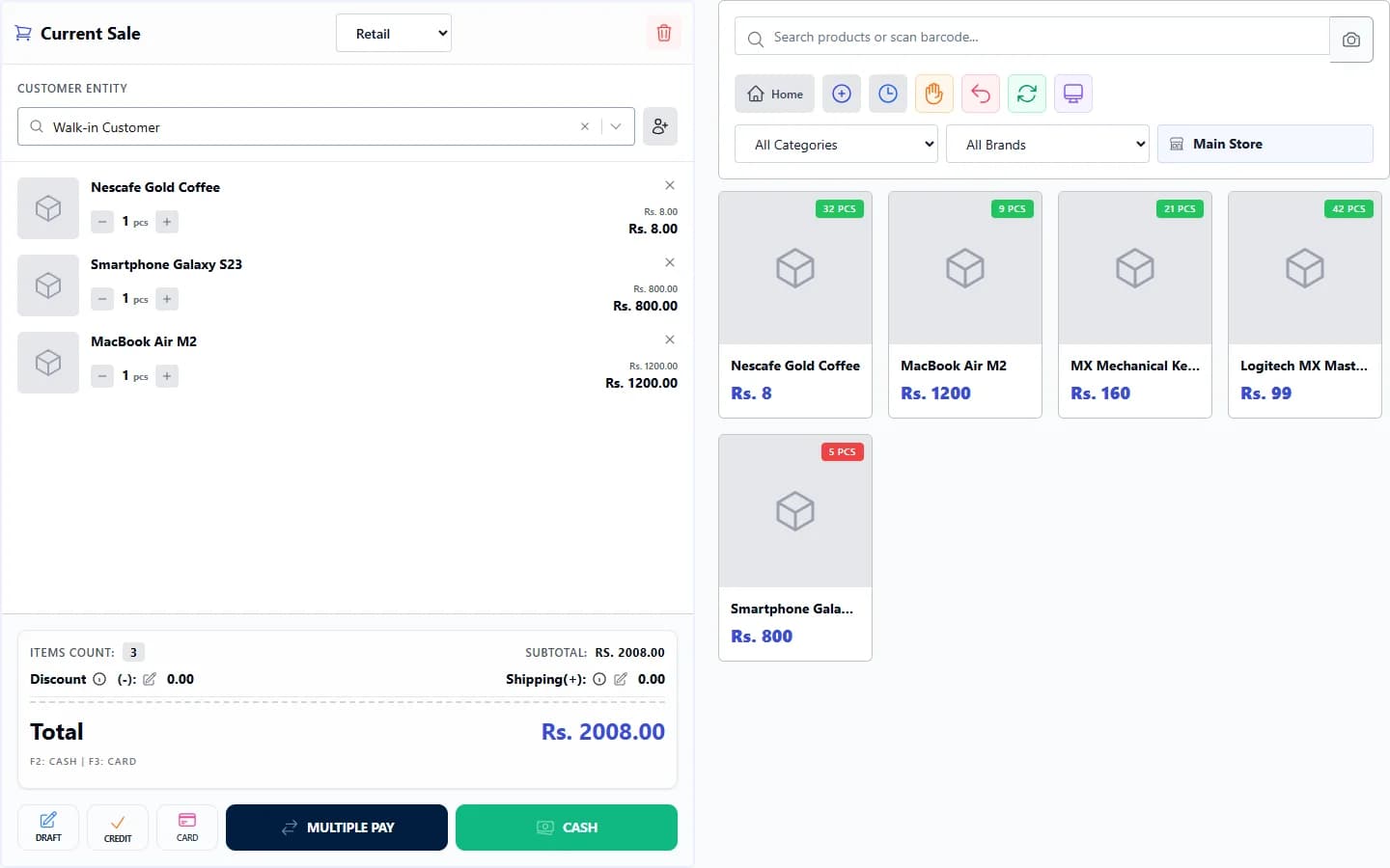 Screenshot of the ANOWEX ERP point of sale in the Classic Grid layout with three items in the cart