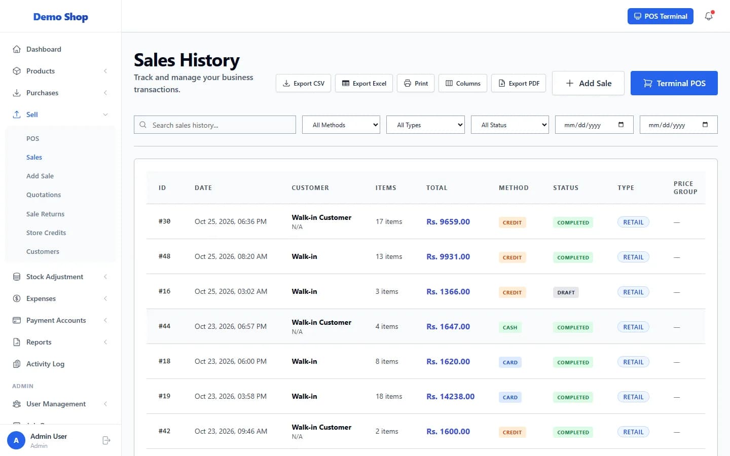 Screenshot of the ANOWEX ERP sales history with filters for payment method, type and status