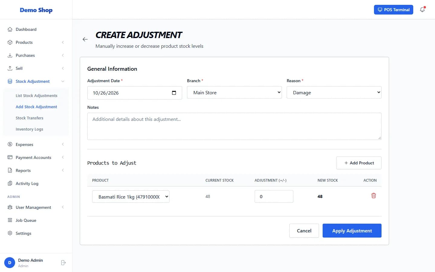 ANOWEX ERP Create Adjustment form with branch, reason and a product to adjust