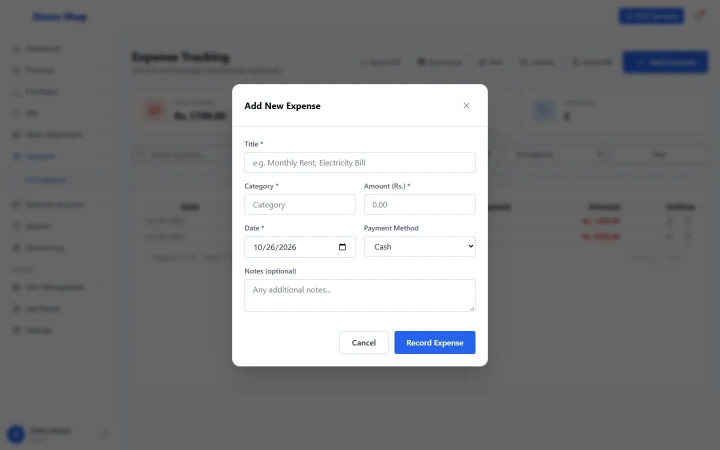 ANOWEX ERP Add New Expense window