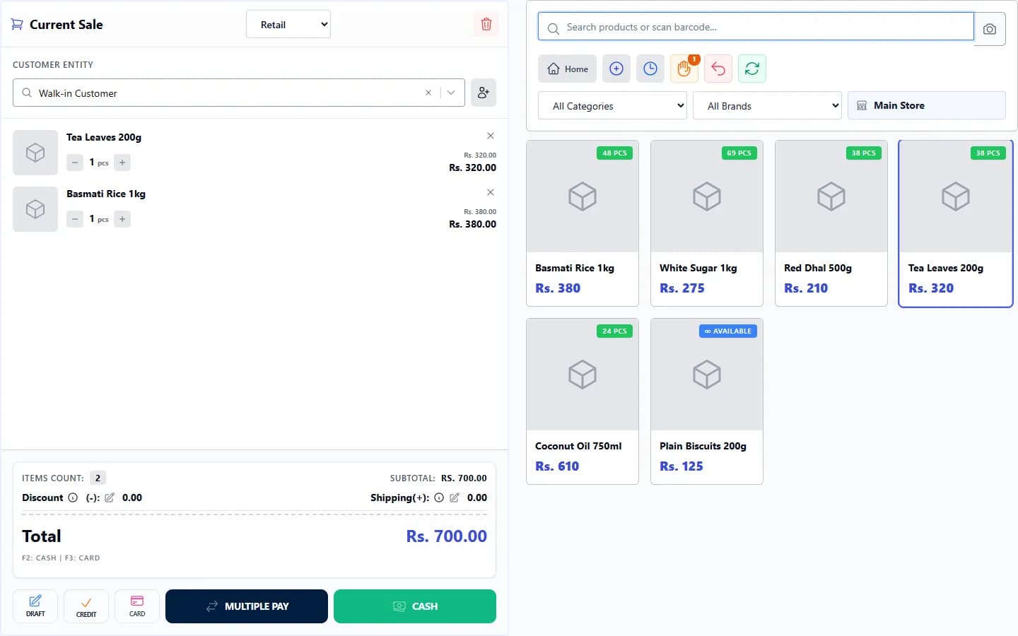 ANOWEX ERP POS with two items in the cart and the Draft, Credit, Card, Multiple Pay and Cash buttons
