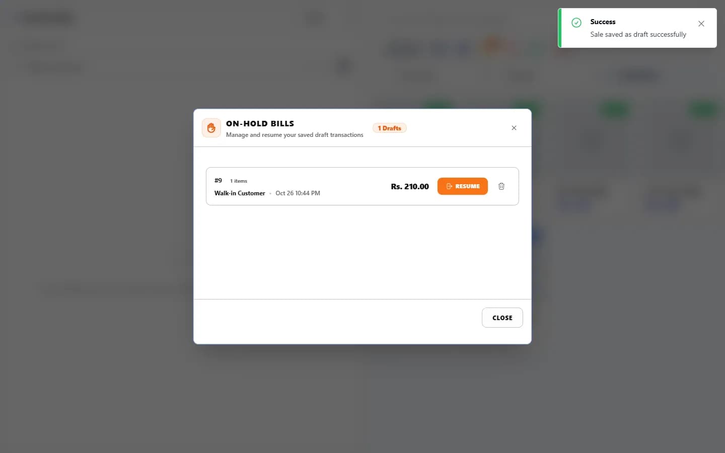 ANOWEX ERP On-Hold Bills window listing one held bill with a Resume button