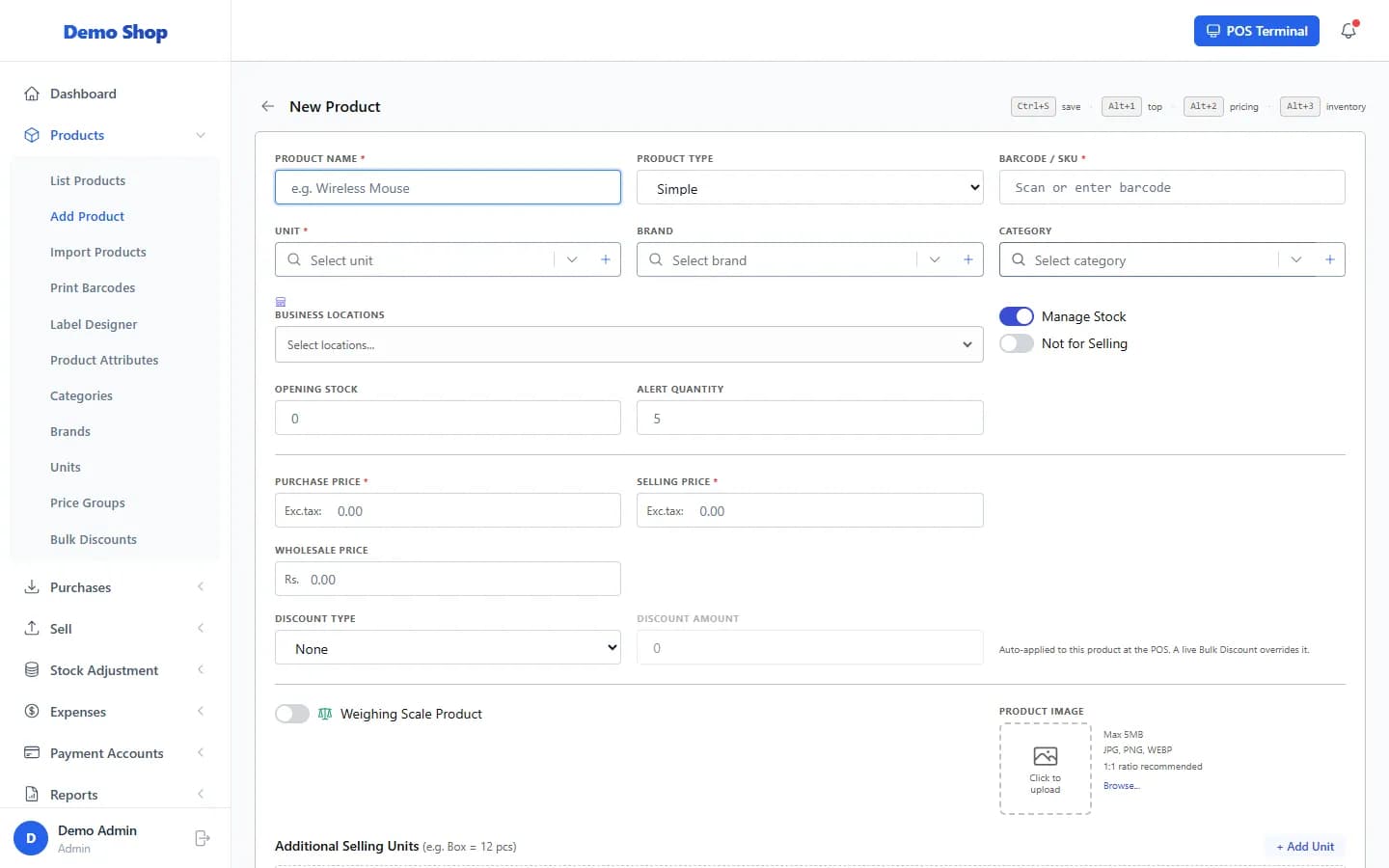 ANOWEX ERP New Product form with name, barcode, unit, prices and stock fields