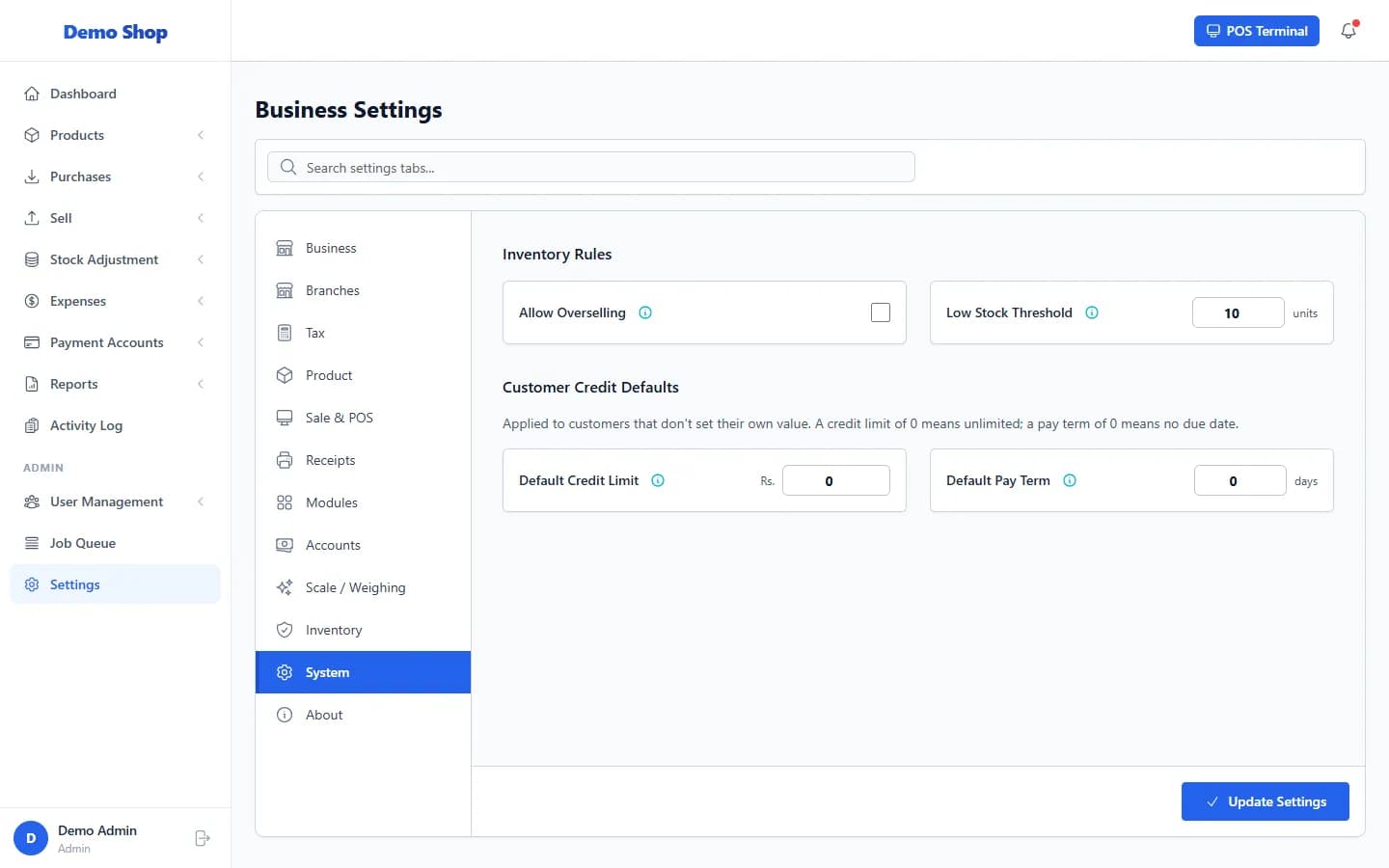 ANOWEX ERP Settings, System tab, showing Inventory Rules and Customer Credit Defaults